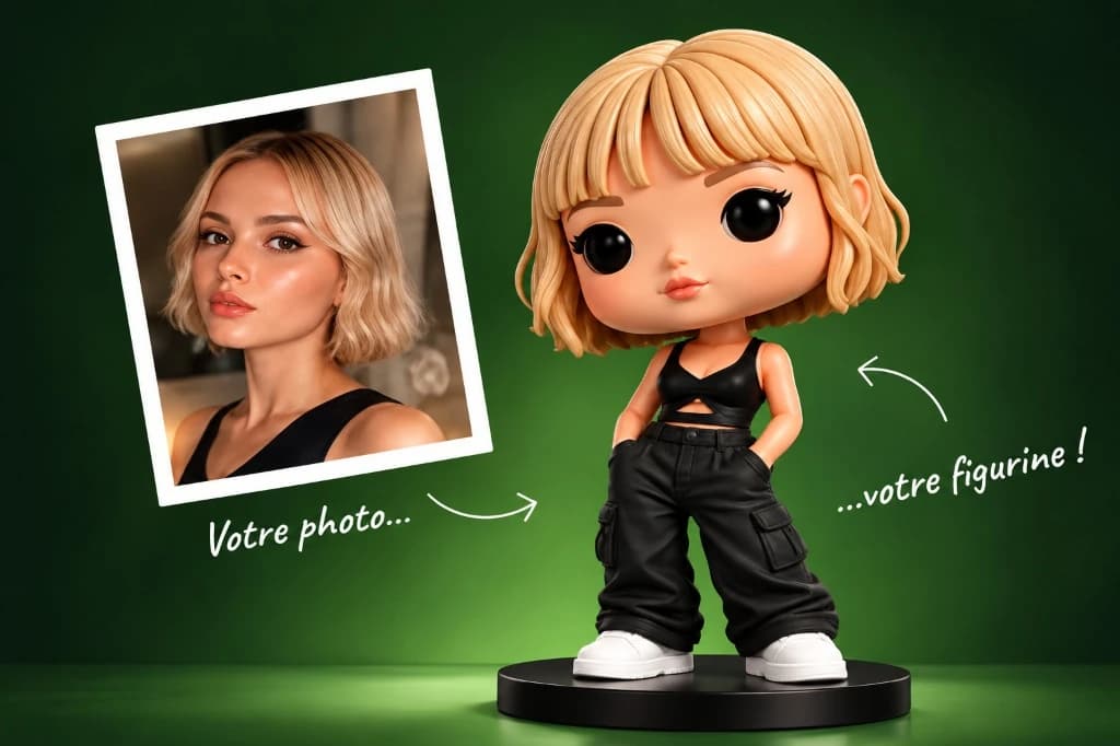 Transformation d'une photo en figurine 3D personnalisée — modèle femme blonde